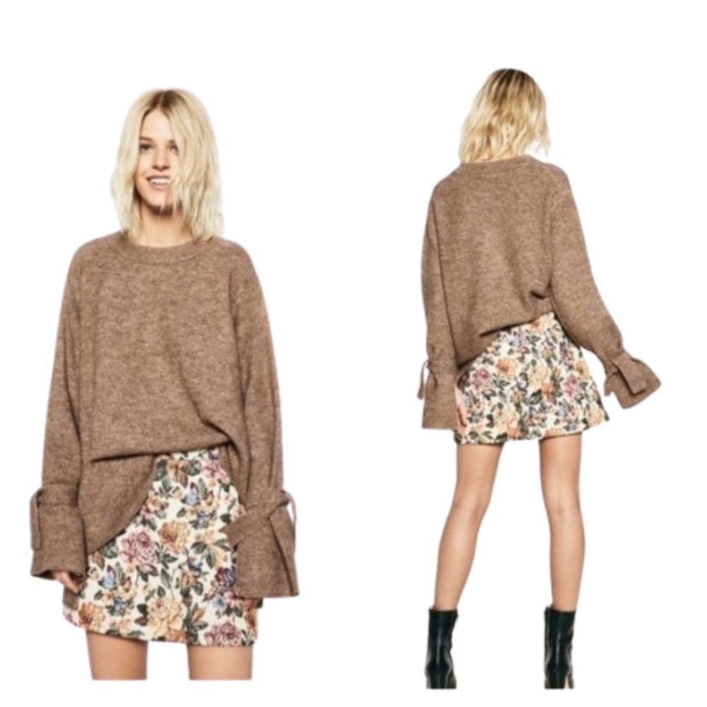Zara Knit Over Sized Taupe High Low Sweater with Tie Sleeves Size Medium.